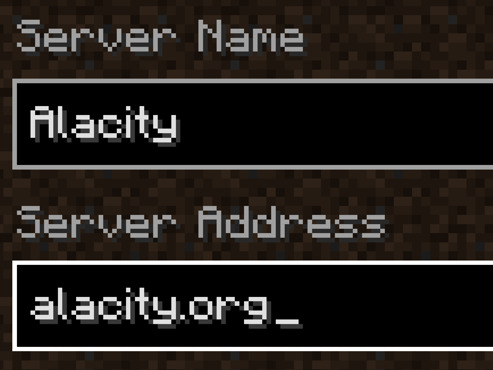 Minecraft's Add Server screen with Server Name set to Alacity and Server Address set to alacity.org